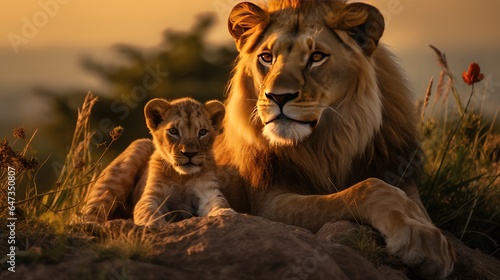 Adult lion with cub lying on a hill