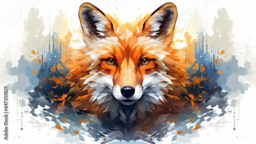 vector art of Watercolor fox with double exposure effect . Flat vector illustration ,generative ai