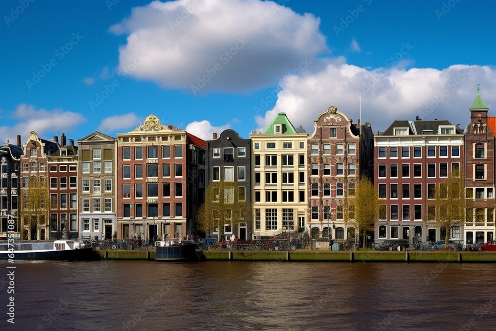 Vibrant buildings elegantly sway along Amsterdam's Amstel River, a scenic icon in this historic European city during spring. Generative AI
