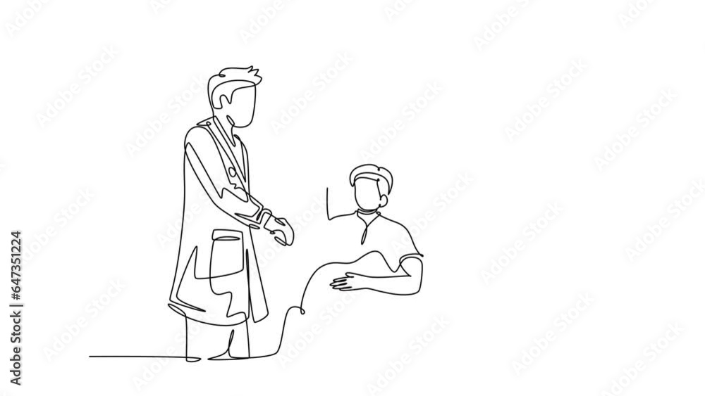 Self drawing animation of single line draw young smart doctor visit a patient laying at bed in hospital and handshaking him to ask condition of his healthy. Continuous line draw. Full length animation Self drawing animation of single line draw young smart doctor visit a patient laying at bed in hospital and handshaking him to ask condition of his healthy. Continuous line draw. Full length animation