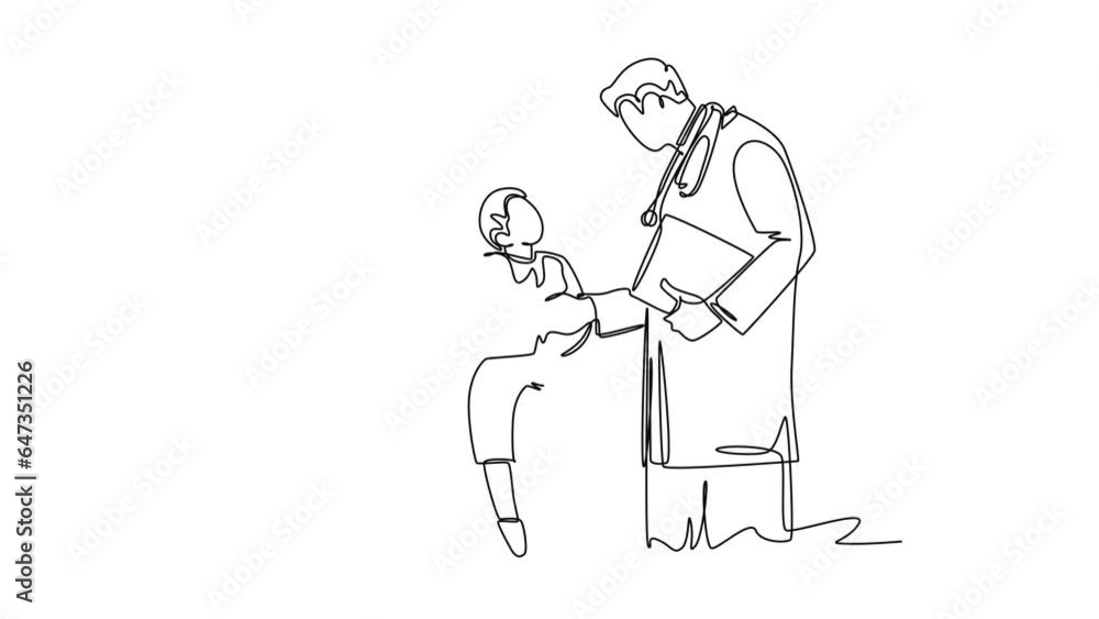 Self drawing animation of single line draw doctor handshaking adorable little boy patient and check up his condition. Health care medical condition concept. Continuous line draw. Full length animated Self drawing animation of single line draw doctor handshaking adorable little boy patient and check up his condition. Health care medical condition concept. Continuous line draw. Full length animated