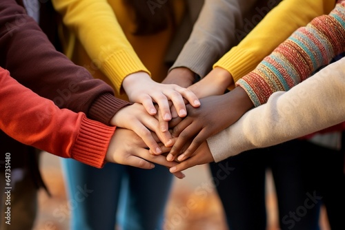 Diverse teenagers unite by placing their hands together in a gesture of solidarity. 