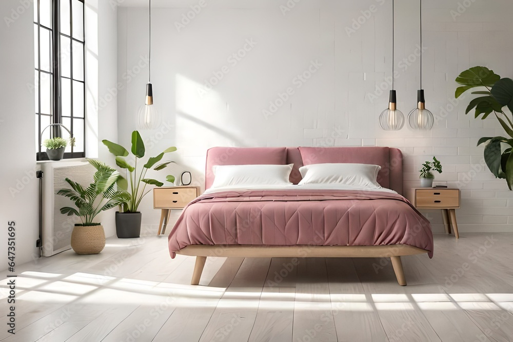 Cozy, feminine bedroom with pink bed, decorative cushions and plant on a wooden stool standing against white, empty wall. Real photo with a place for your furniture - obrazy, fototapety, plakaty 