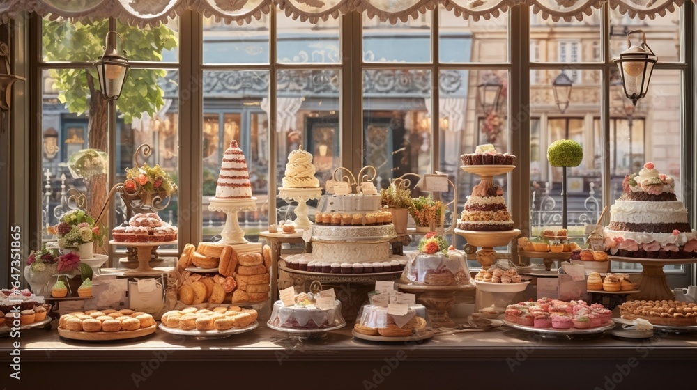 an image of a picturesque Parisian patisserie with delicate pastries on display
