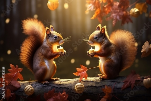 Cute squirrel in the autumn forest with autumn leaves.Created with Generative AI technology.