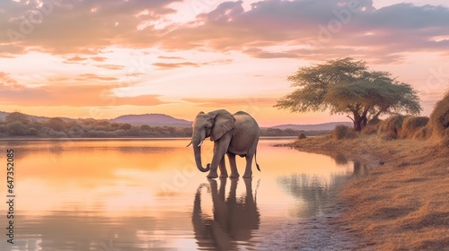African elephant walking swinging his trunk near the lake at sunset