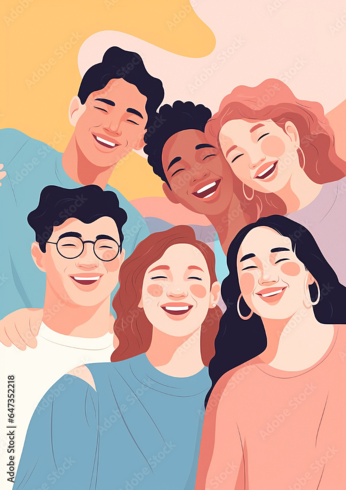 Colorful group of six friends sharing time together. Friendship blossoms in dusty pastels, highlighting the shared joy and amicability.