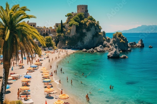 A sunny day on Isola Bella beach in Taormina, Sicily. Generative AI