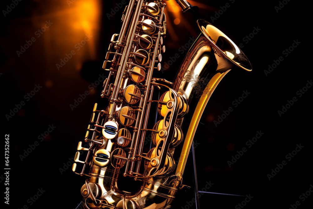 Obraz premium Closeup of a golden saxophone with dark background