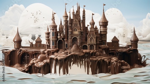 an image of an enchanted castle with a moat filled with liquid chocolate