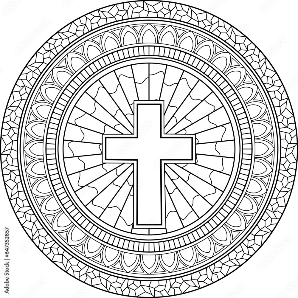 Beautiful detailed religious coloring mandala.Christian cross with stained glass and framing
