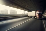 Fast-moving truck on busy highway with motion blur. Generative AI