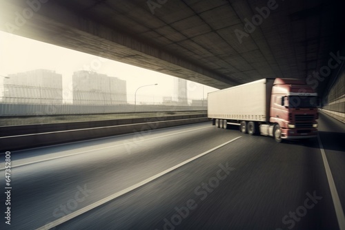 Fast-moving truck on busy highway with motion blur. Generative AI