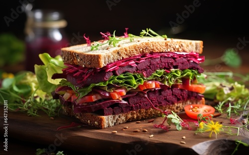 Sandwich with beets, herbs and bacon. Healthy eating.