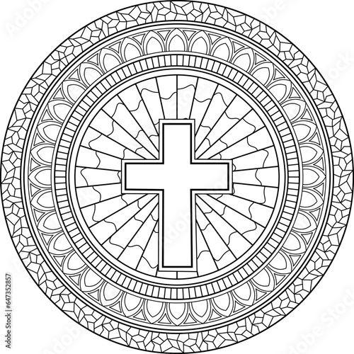 Beautiful detailed religious coloring mandala.Christian cross with stained glass and framing