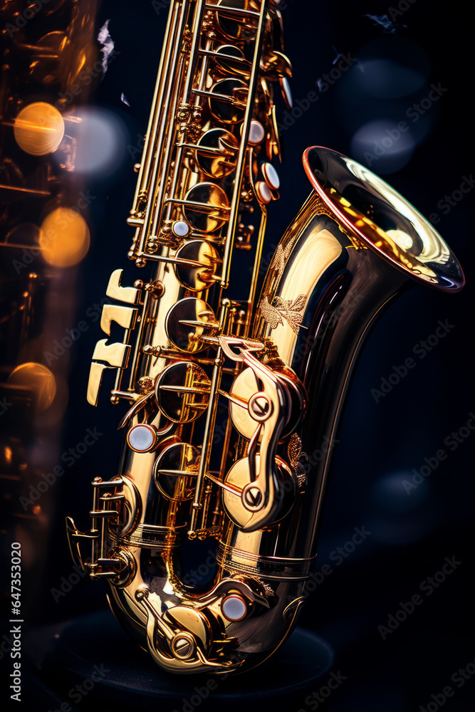 Obraz premium Closeup of a golden saxophone with dark background