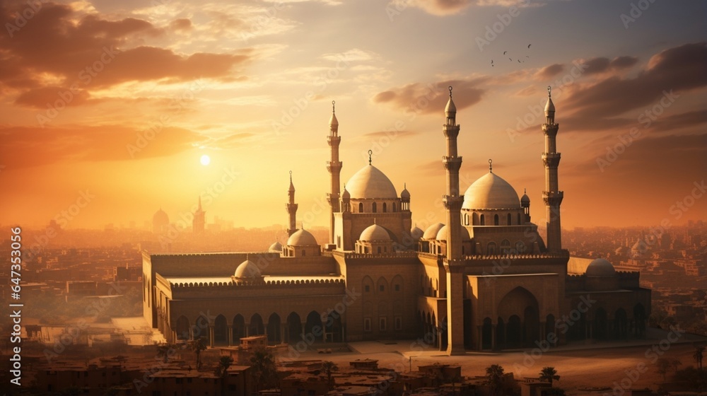 an image of the Mosque-Madrasa of Sultan Hassan that embodies the timeless charm of Cairo's historic citadel at sunset