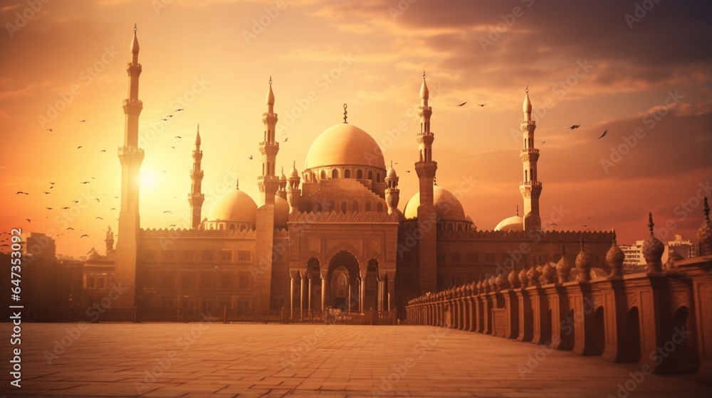 an image of the Mosque-Madrasa of Sultan Hassan that embodies the timeless charm of Cairo's historic citadel at sunset