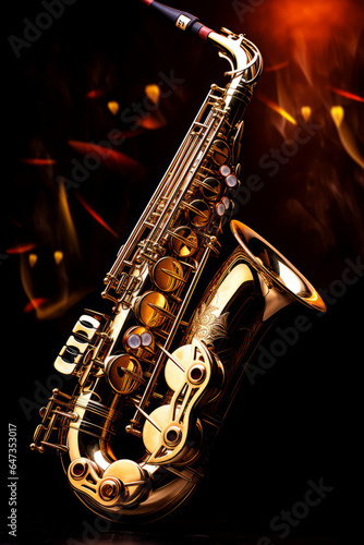 Closeup of a golden saxophone with dark background