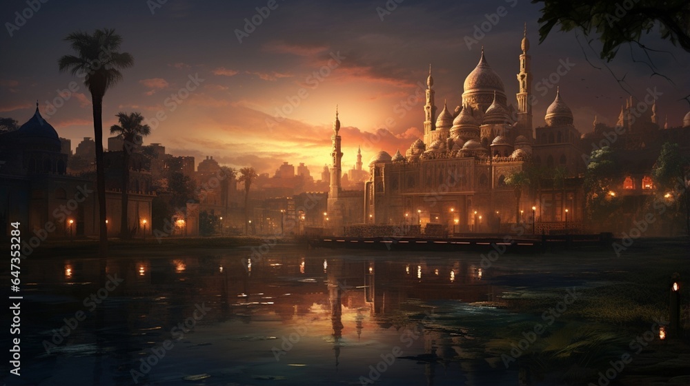 an image that accentuates the tranquil charm of Sultan Hassan's masterpiece at twilight