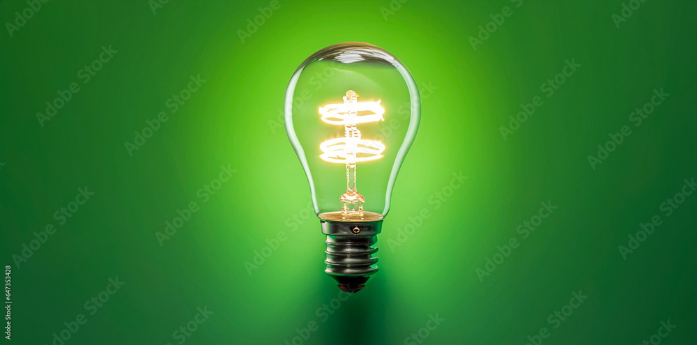 Tungsten bulb light on, green background. Concept of idea, creativity, invention, inspiration Tungsten bulb light on, green background. Concept of idea, creativity, invention, inspiration