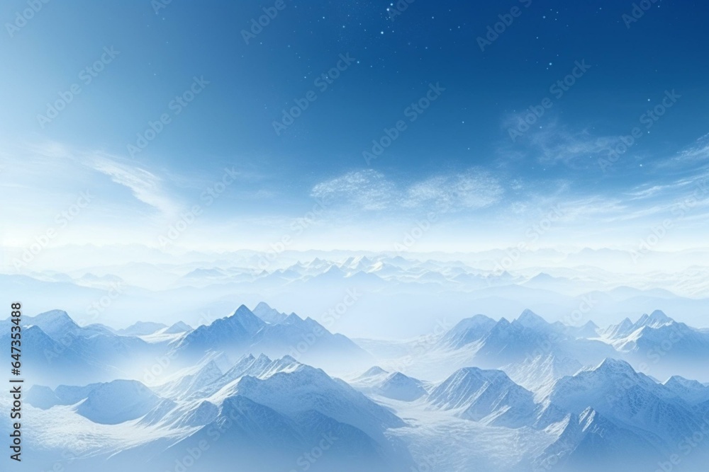 View of Earth's curvature. Aerial scene with snow-capped mountain peaks beneath a blue sky. Illustration of space and science. Generative AI