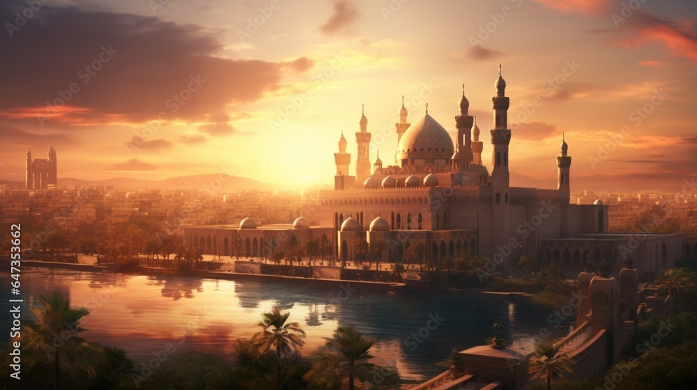 an image that celebrates the understated elegance of Sultan Hassan's architectural masterpiece during a Cairo sunset