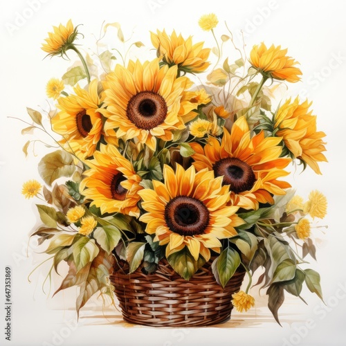 A bouquet of beautiful yellow sunflowers in wicker basket. Watercolor. Generative AI