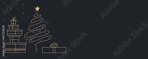 New Year and Christmas Banner with Fir Tree and Presents. Line Art Clipart for Greeting Card with Space for Text.