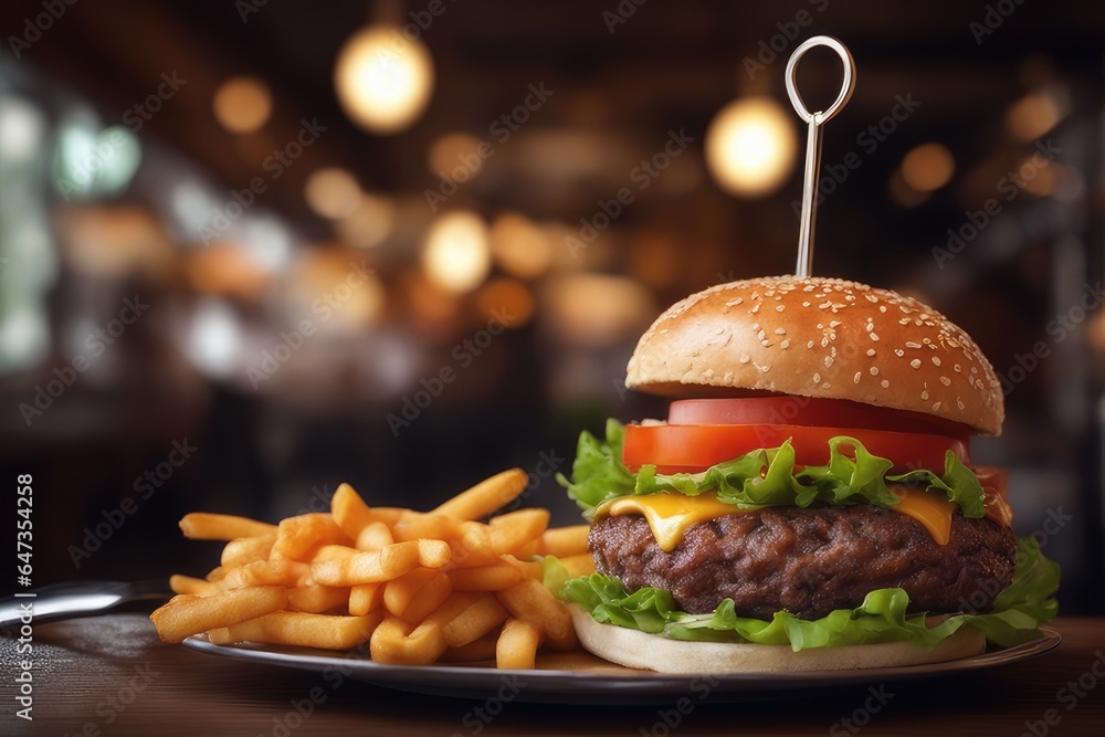 hamburger with french fries with bokeh background - obrazy, fototapety, plakaty 