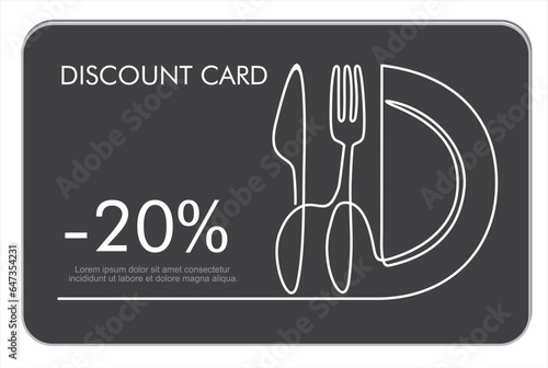 Discount card or voucher fast food restaurant or delivery service, template design with one continuous linear food and drinks composition photo