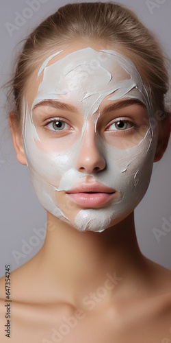 A beautiful young girl applies green cosmetic face mask. Generative AI