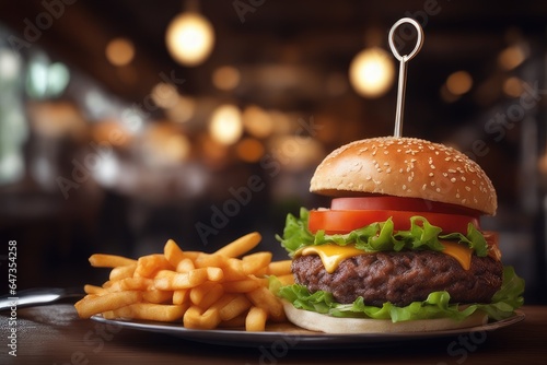 hamburger with french fries with bokeh background