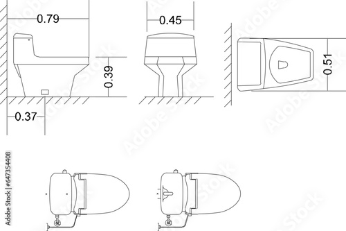 Vector sketch illustration of bathroom bathroom monoblock design with size scale for completeness of architectural drawings