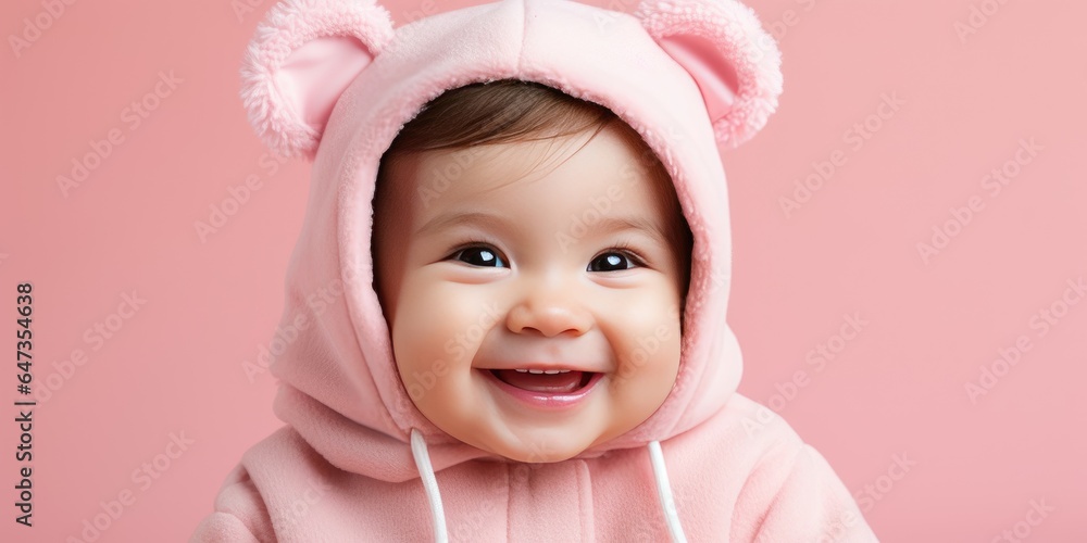 Little Asian girl in a warm hat on a pink background. Generative AI Little Asian girl in a warm hat on a pink background. Generative AI