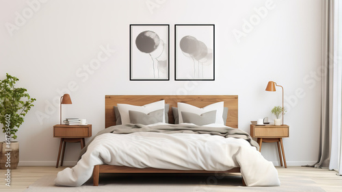 Minimalist bedroom interior with a white frame mockup on the wall, Generative AI © Gasia