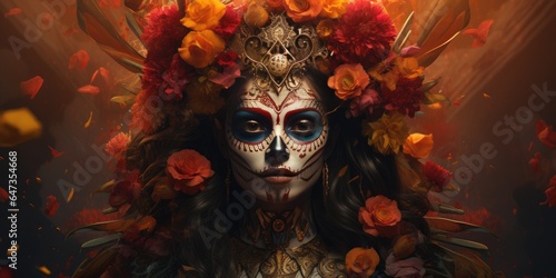horizontal portrait of a woman Dia DE Los Muertos face painting, Day of the dead. Generative AI © 22_monkeyzzz