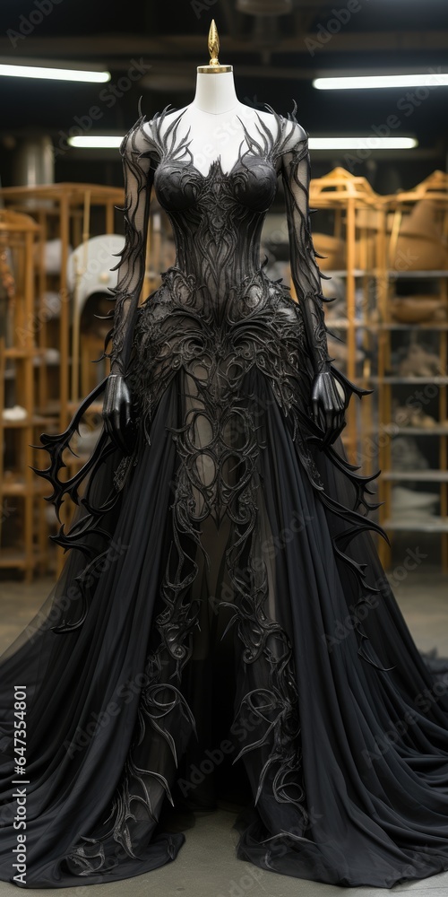 Gorgeous black dress on a mannequin with patterns, flowers. Hand embroidery. Generative AI Gorgeous black dress on a mannequin with patterns, flowers. Hand embroidery. Generative AI