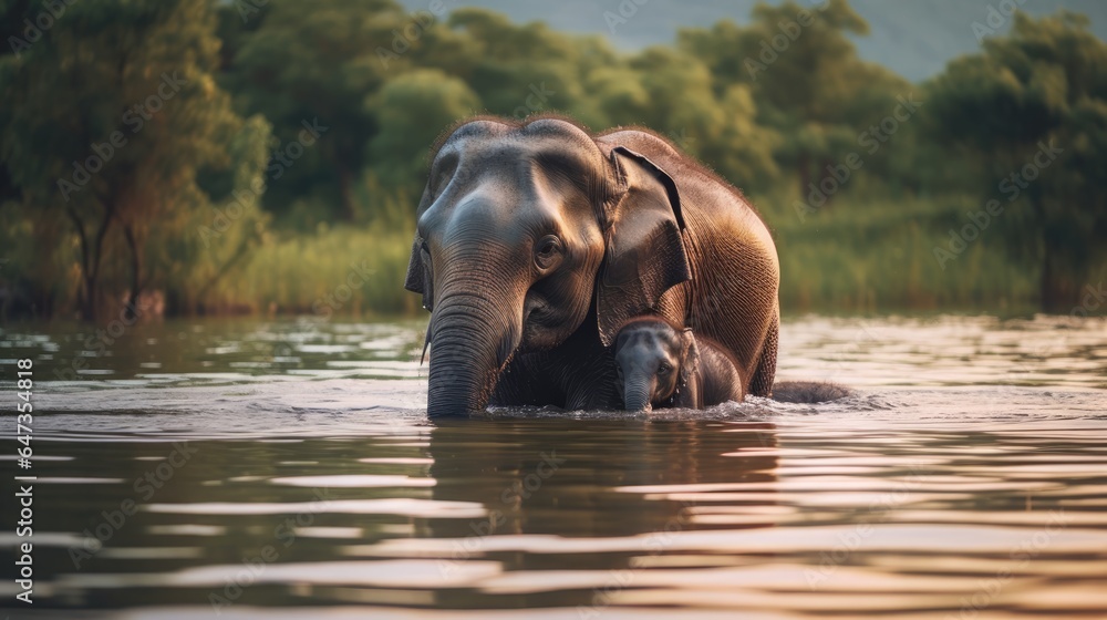 An elephant is enjoying bathing with his calf in the lake
