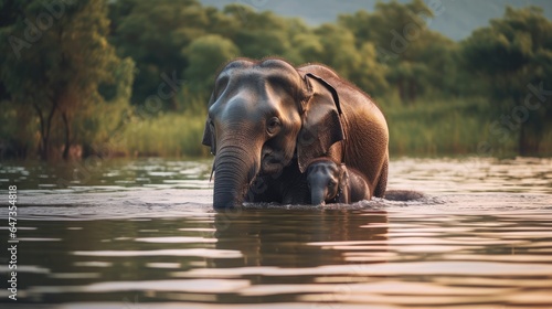 An elephant is enjoying bathing with his calf in the lake