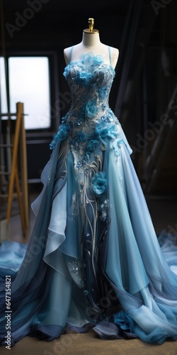 Gorgeous blue dress on a mannequin close-up. Dark background. Generative AI