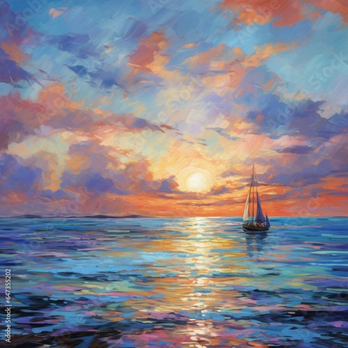 an impressionistic coastal sunset painting with bold vibrant colors