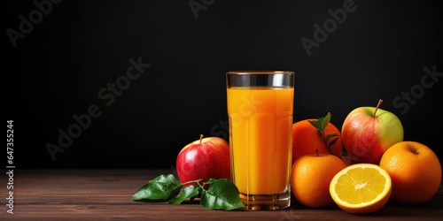 Fruit juice in a glass on a dark background, space for text. Generative AI