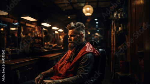 Portrait of a bearded man sitting in a barber shop.