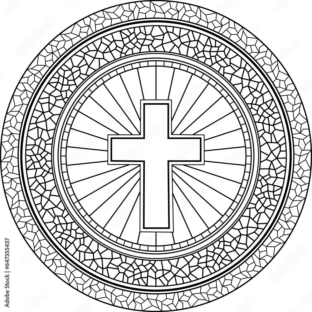 Religious stained glass mandala with cross, for printable christian coloring kids and adults