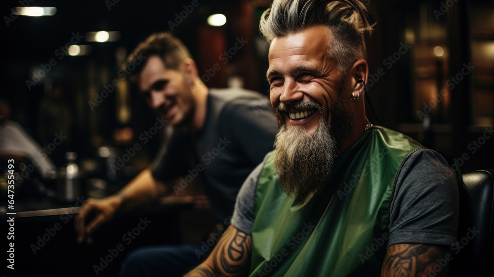 Handsome bearded man sitting in barbershop and smiling.
