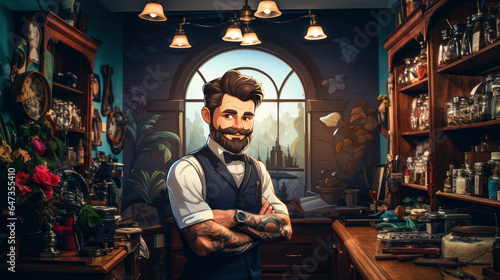 Illustration of hipster man with long beard and mustache on vintage room.