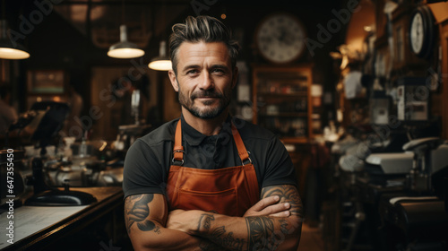 Portrait of handsome bearded hairdressed in apron standing with crossed arms in barbershop.