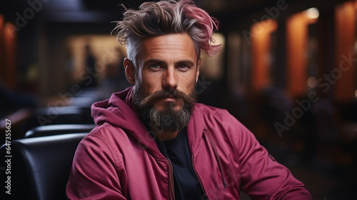 Portrait of a handsome man with pink dyed hair in a barbershop.