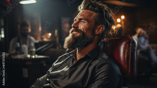 Handsome bearded man sitting in armchair in barbershop.